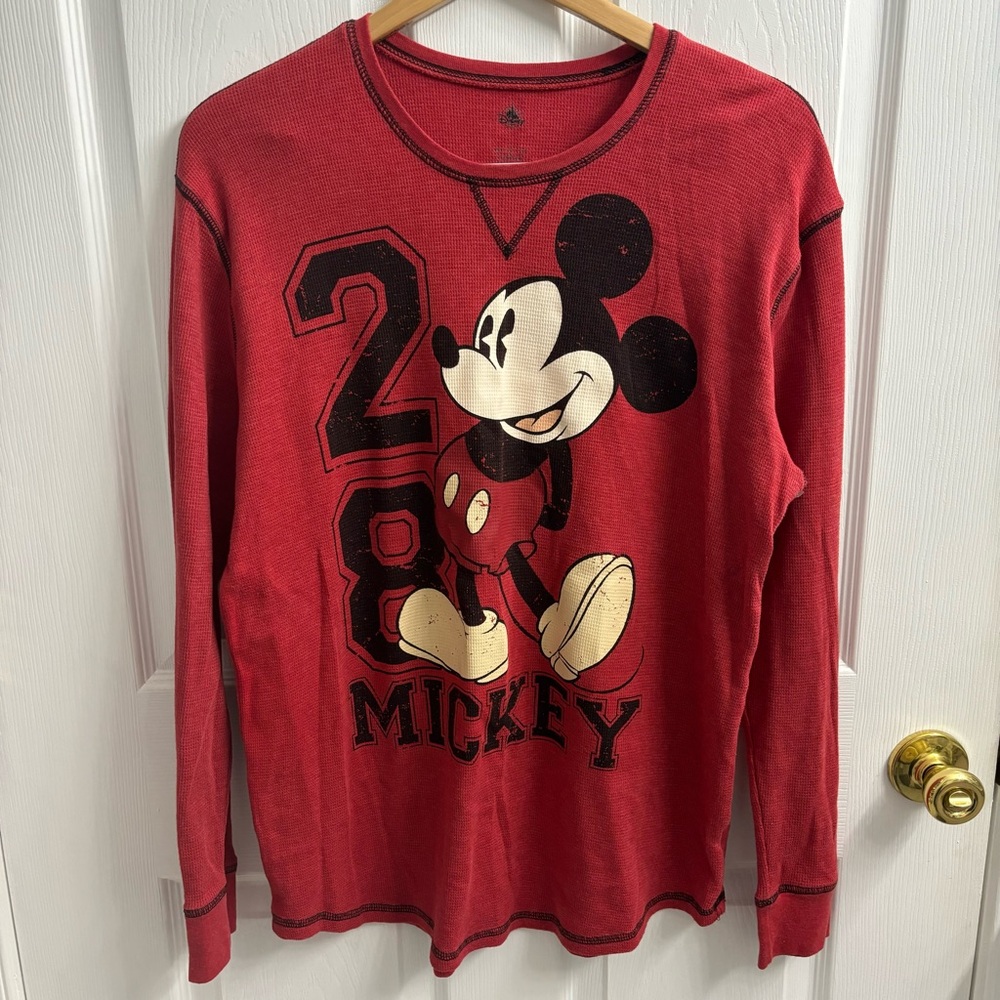 Disney Thermal Long Sleeve Top Large Mickey Mouse Retro Red Waffle Knit